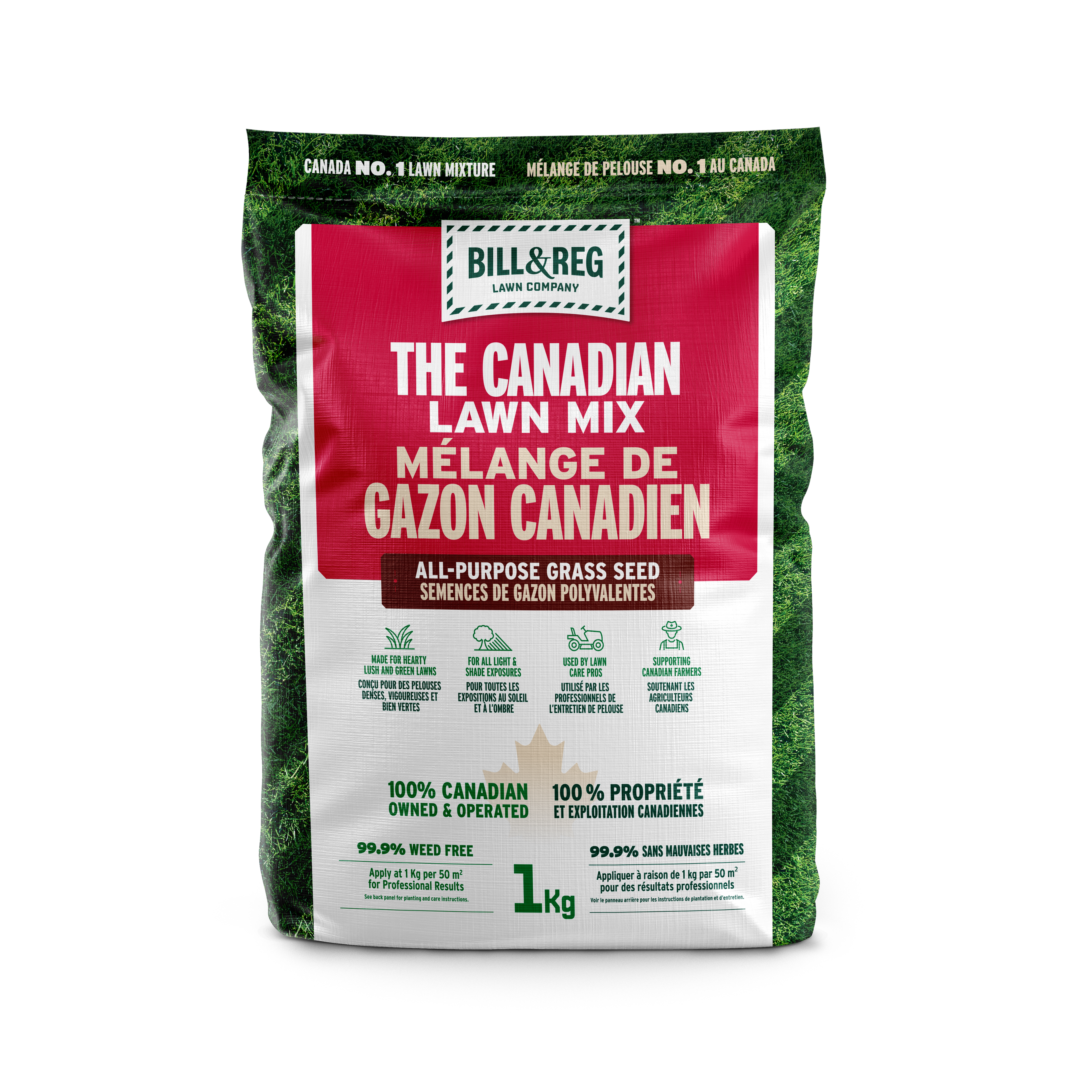 Bag of Bill & Reg lawn mix with green and red label on a white background