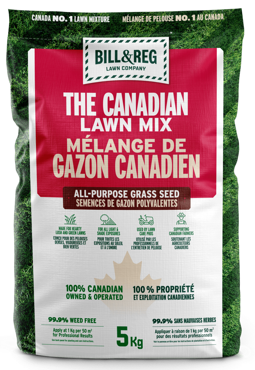Bag of Bill & Reg Lawn Company Canadian lawn mix on a white background